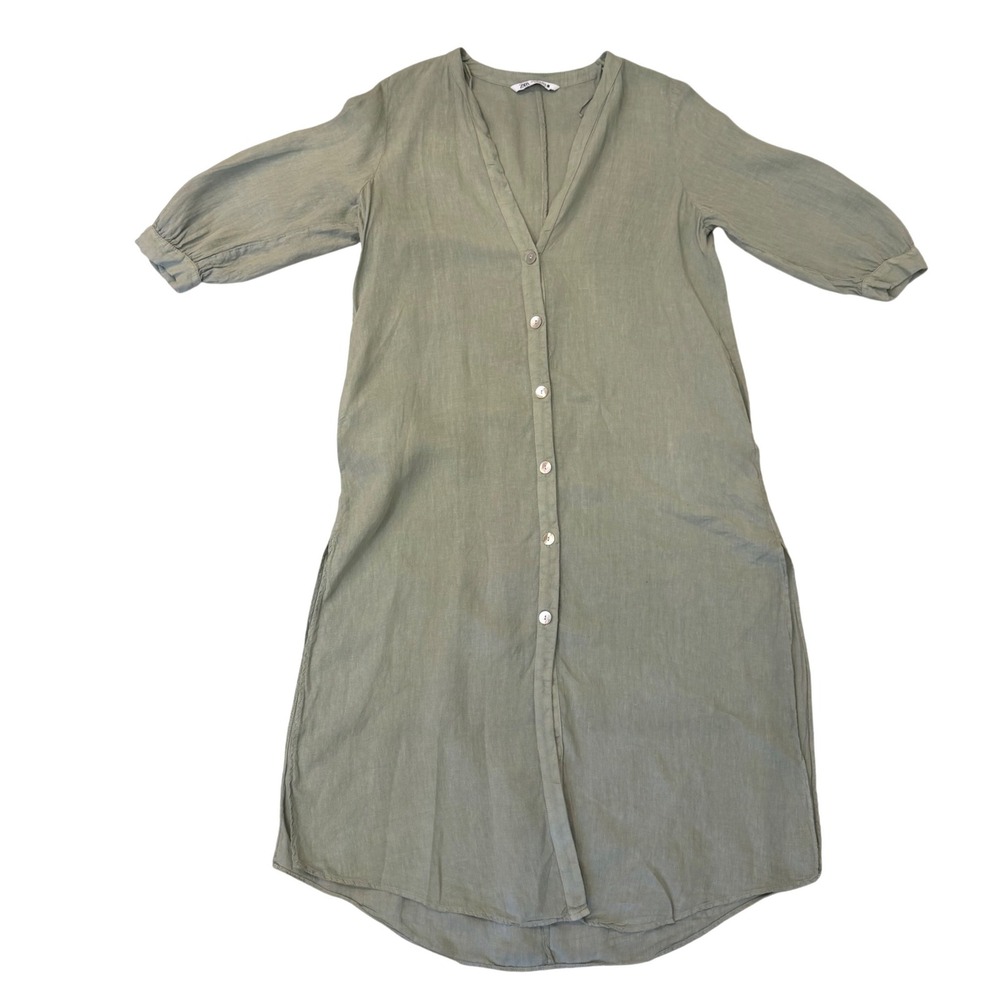 Zara 100% Linen Midi Shirt Dress XL Sage Green V-Neck Button Front Boho Casual